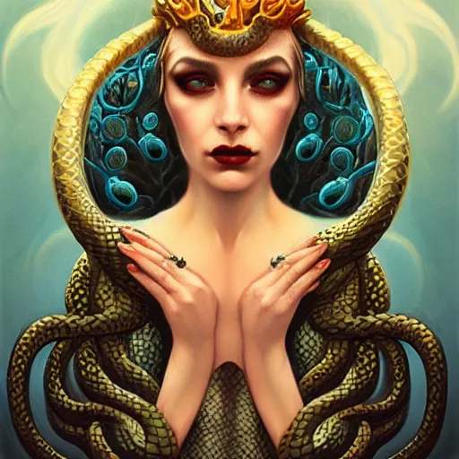 Image similar to queen of snakes, crown of snakes, blue skin, royal, by Anato Finnstark, Tom Bagshaw, Brom