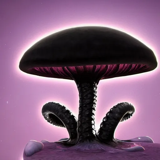 Image similar to an alien mushroom with tentacles, oozing black goo, melty, drippy, unreal engine