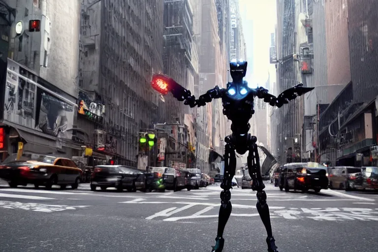 Image similar to VFX movie of a flying dark futuristic robot cyborg superhero with 6 arms levitating on New York street, atmospheric , by Emmanuel Lubezki