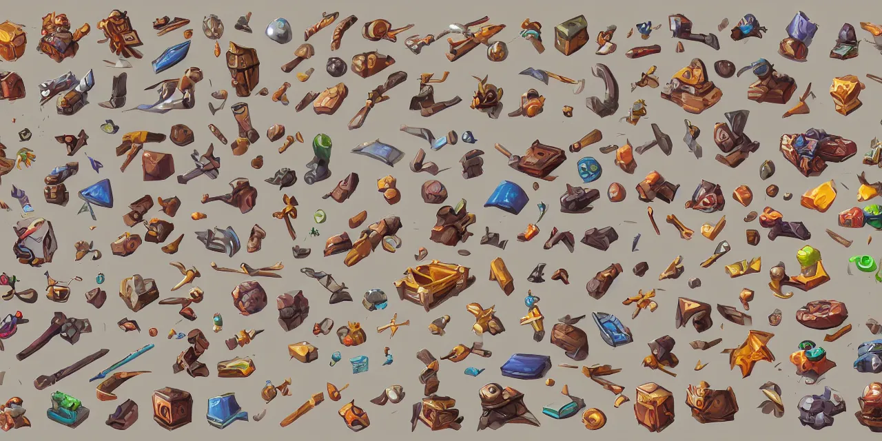 Prompt: game asset sheet, material study, 2 d sprite, collectibles, treasure, vibrant colors