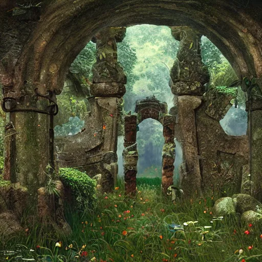 Image similar to ancient overgrown ruins, medieval gates, runestones, mysetrious etherial mesmerizing runic cat eyes, magical elven geometry, concept art by gustav klimt, deviantart contest winner, environmental art, high detail