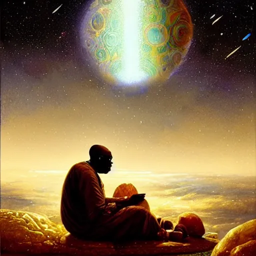 Image similar to an elder african psychic reading his crystal ball under a meteor shower, greg rutkowski and android jones and amanda sage, oil on canvas, 8k