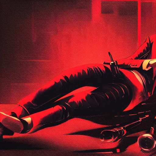 Prompt: a portrait of agent 4 7 laying down listening to music, black background, red rim light, highly detailed, smooth, sharp focus, art by maciej kuciara