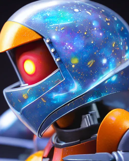 Image similar to tetradic galaxy cosmic space - opera diorama bg. helmet portrait of a figurine of samus aran's orange chozo varia power suit from the sci - fi nintendo videogame metroid. designed by hiroji kiyotake, gene kohler and rodney brunet. metroid zero mission. metroid prime. glossy. masterpiece. intricate cybertronics. shallow depth of field.