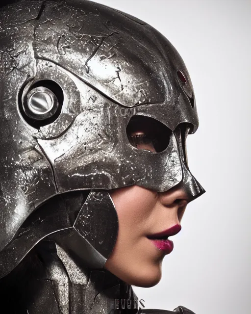 Image similar to realistic photo portrait of a metal hero woman with human head, studio lighting, 1 5 0 mm