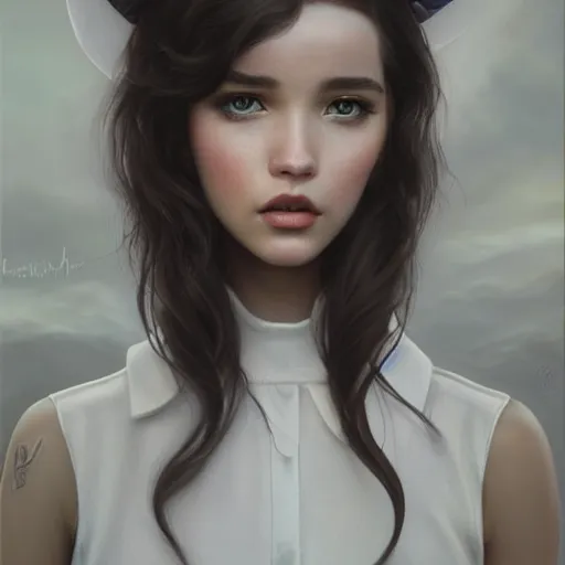 Image similar to tom bagshaw, very beautiful genetic mix of madison beer bella poarch dove cameron in a sailor suit flirting smile, randomly lustrous dyed hair, professionally retouched, focus eyes, ultra realistic soft painting, insanely detailed linework, symmetrical accurate intricate features, behance artstation, 8 k, no artifacts signatures