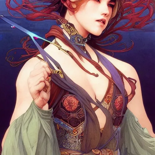 Image similar to breathtaking epic fantasy comic book style portrait of a sensual female fighter in epic fantasy arena,, sunny weather, intricate, matte, sharp focus, illustration, art by Artgerm and Hsiao-Ron Cheng and Alphonse Mucha,, RPG portrait