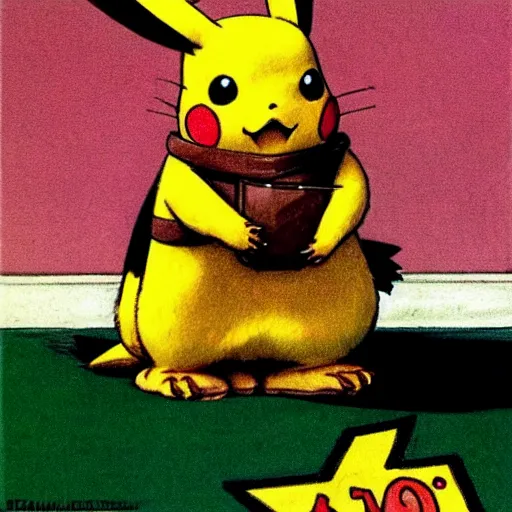 Prompt: pikachu drawn by norman rockwell