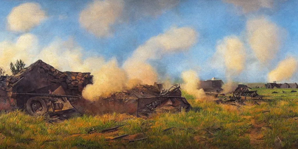 Prompt: an eastern front battlefield landscape, summertime, ruined house, artillery craters, distant smoke column on the horizon, oil painting in the style of peredvizhniki