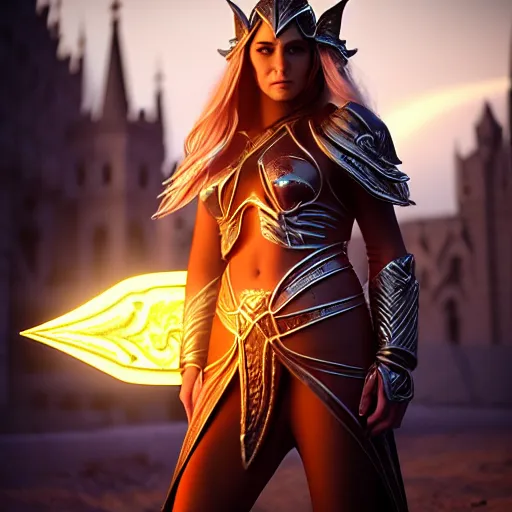 Image similar to full - body shot, cinematic movie image, beautiful hot elven female mage with a shield and a sword, ultra - hd, hcl, 1 2 - bit, ar, volumetric lighting, screen space global illumination, opaque, optics, lumen reflections, vfx, elegant, ornate, hyper realistic, super detailed, insanely detailed and intricate