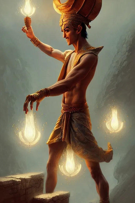 Image similar to genie man from aladdin's lamp, by wlop, by luis royo, by peter mohrbacher, concept art, digital illustration, intricate, masterpiece, elegant, super detailed, unreal engine rendering, smooth, sharp focus, artstation hq