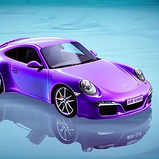 Image similar to a house made of translucent purple colored water in high quality with a porsche 9 1 1