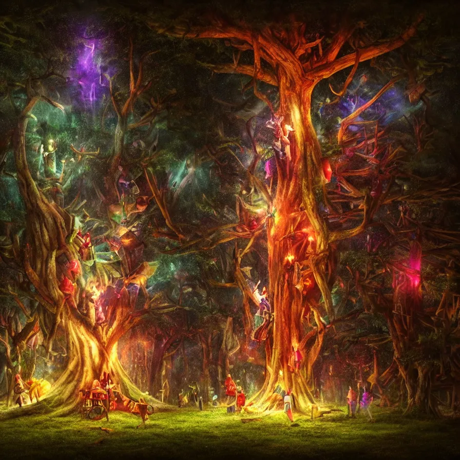 Image similar to closeup of a night carnival inside a tree cavity in a magical forest in the middle of a summer storm, with a music scenario with many fireworks and christmas lights, volumetric lightning, instense god rays in the sky, folklore people disguised with fantastic creatures in a magical forest by summer night, masterpiece painted by greg rutkowski, scene by dark night environment, refraction lights,