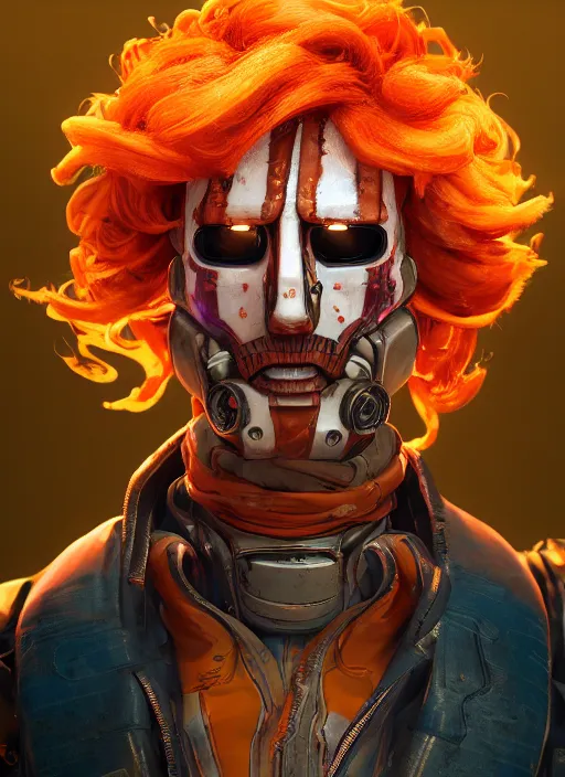 Image similar to glowwave portrait of curly orange hair man from borderlands 3, au naturel, hyper detailed, digital art, trending in artstation, cinematic lighting, studio quality, smooth render, unreal engine 5 rendered, octane rendered, art style by klimt and nixeu and ian sprigger and wlop and krenz cushart.