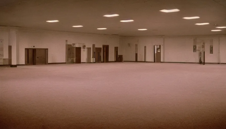 Image similar to 60s movie still of a sovietic stalinist style empty ballroom with many shower, cinestill 800t 50mm eastmancolor, liminal Space style, heavy grain-s 150