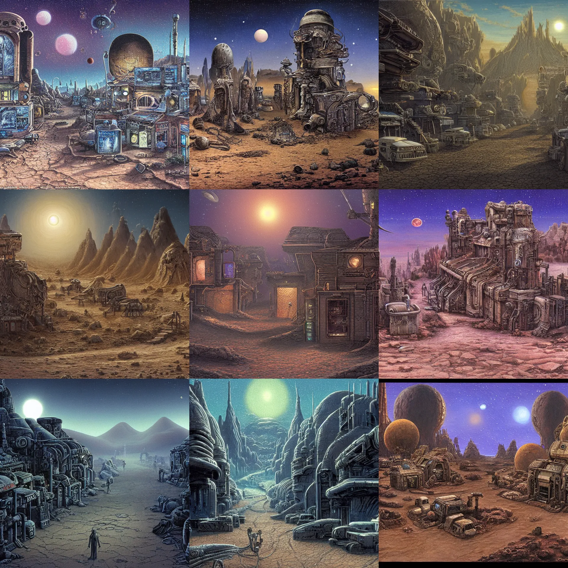 Prompt: main street of a small human colony, on a remote desert planet, from a space themed point and click 2 d graphic adventure game, set design by hg giger, art inspired by thomas kinkade