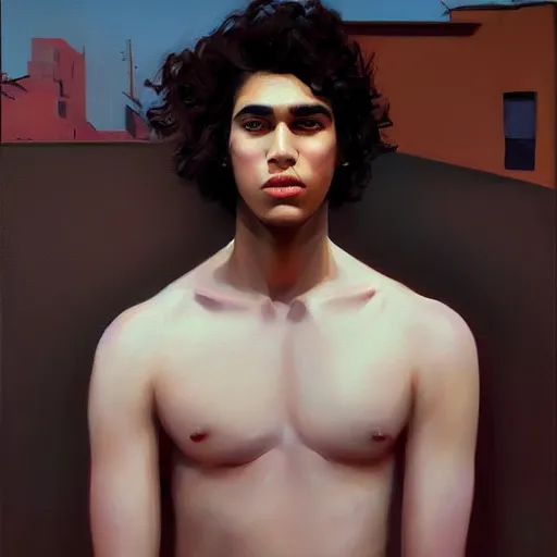 Prompt: oil painting by ilya kuvshinov, baugh casey, rhads, coby whitmore, of a youthful persian - indian college student, male, handsome, high cheekbones, large sensual mouth, curly black hair, outdoors, highly detailed, breathtaking face, studio photography, dawn, intense subsurface scattering, blush, supple look, innocence, intense sunlight