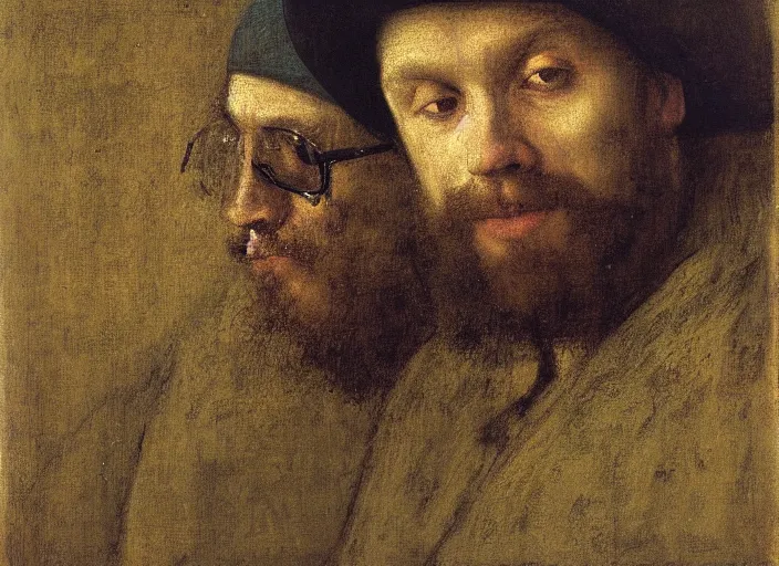 Prompt: portrait of man in the style of gustav courbet, jan van eyck, eilif peterssen, pekka halonen, finnish naturalism, realism, realist style, cynical realism, magnus enckell, jean - francois millet, jules bastien - lepage