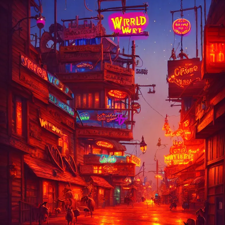 Prompt: A street-level view of a magical wild-west town at night with wooden buildings and colorful neon lights; beautiful, dangerous, detailed, best on artstation, cgsociety, wlop, cosmic, epic, stunning, gorgeous, masterpiece