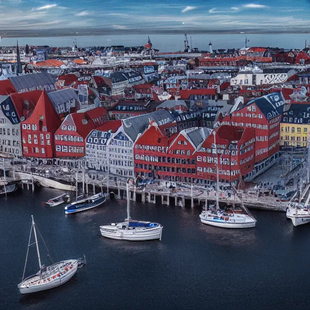 Image similar to copenhagen denmark with new england colonial buildings on a harbor, cinematic, volumetric, realistic, cinematic lighting, ray tracing, unreal engine 5, octane render, hyper realistic, photo, 8 k