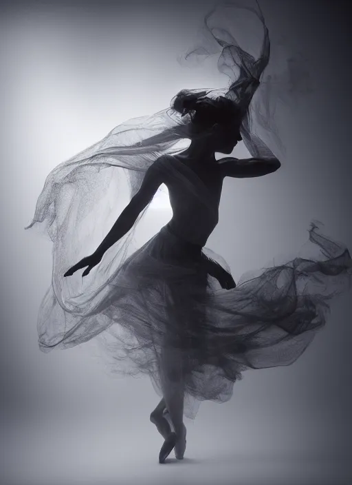 Image similar to a Photorealistic dramatic hyperrealistic render of a beautiful Female smoke dancer by Ken Brower and Deborah Ory of NYC Dance project,Lois Greenfield,Flowing cloth and smoke,Beautiful dynamic dramatic dark moody lighting,volumetric,shadows,cinematic atmosphere,Octane render,8K