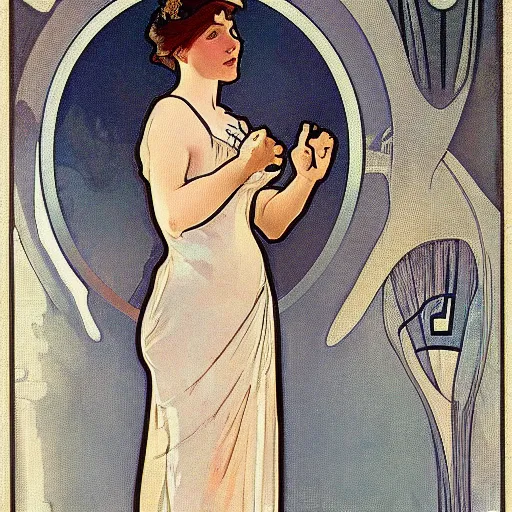 Prompt: woman posing with hands on hips in style of alphonse mucha