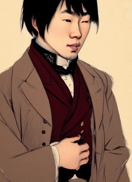 Image similar to a portrait of a young asian man with a crooked nose in victorian clothing, confident pose, intricate, elegant, sharp focus, illustration, highly detailed, concept art, matte, trending on artstation, anime, art by james jean and artgerm and brian despain and alberto mielgo, greg rutkowski, wlop, ilya kuvshinov, strong strokes