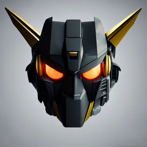 Prompt: gundam head, v - fin, octane render, soft light, mekka, behance, vector, highly detailed illustration, realistic, black and gold metal design, dribbble. com, by secondsyndicate studio,