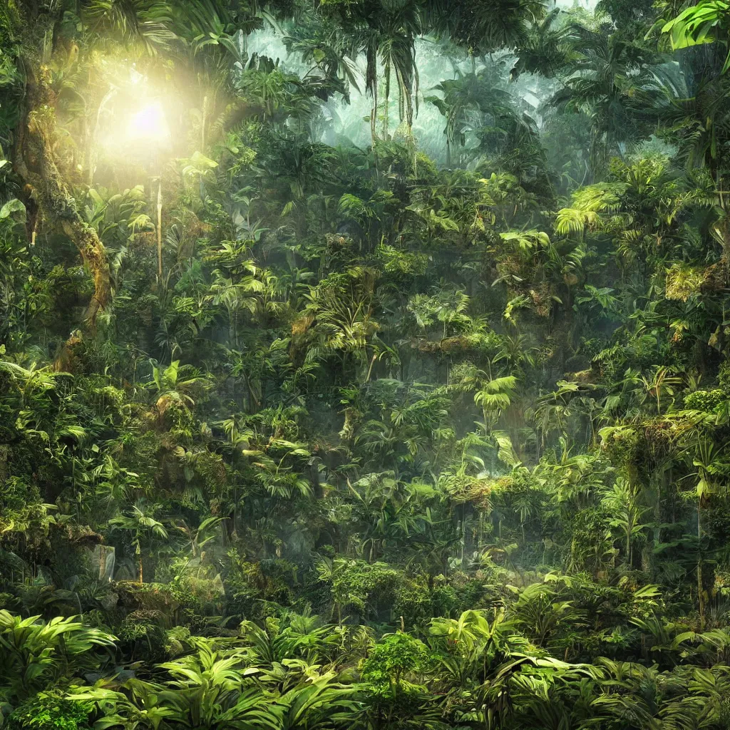 Prompt: Epic artwork of a luxurious jungle with a quantum computer in the middle of it, backlit photorealistic render, cycles render