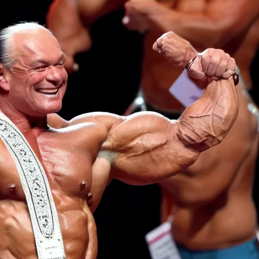 Prompt: johann sebastian bach wins mr. universe bodybuilding contest, wearing powdered wig, photographed for reuters