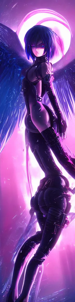 Image similar to anime cyberpunk dark fantasy gothic art, cute and beautiful full body female damaged cyborg - angel in the style of stand alone complex, akira, durararara, red blue purple black fade, intense watery glowing red and blue eyes, cinematic lighting, highly intricate detailed, wavy hair, advanced digital anime art, wlop and rossdraws and sakimimichan