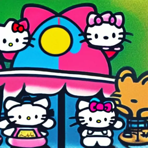 Image similar to airbrush of hello kitty and sanrio characters playing outside at a playground on a sunny day