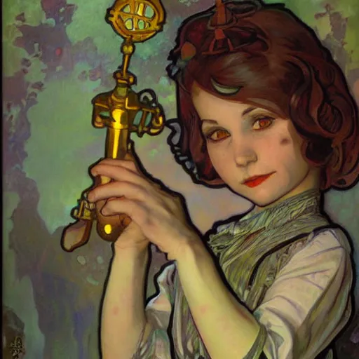 Image similar to realistic little sister of bioshock painted by alfons mucha sharp focus