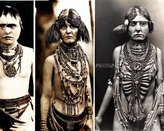 Prompt: 1 9 2 0 s colorized photographs of the lost tribes of del shoob and their amazing ornate jewelry and cyborg - like body modifications