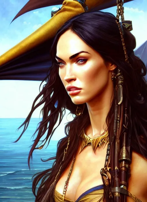 Prompt: portrait of megan fox as pirate, scarf, eyepad, gold, sails, pirates if the caribbean, intricate, headshot, highly detailed, digital painting, artstation, concept art, sharp focus, cinematic lighting, illustration, art by artgerm and greg rutkowski, alphonse mucha, cgsociety