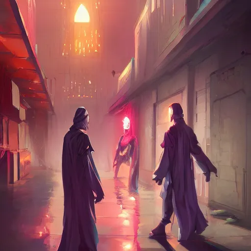 Image similar to cyberpunk sufis whirling with long robes around a mosque official fanart behance hd artstation by jesper ejsing, by rhads, makoto shinkai and lois van baarle, ilya kuvshinov, ossdraws