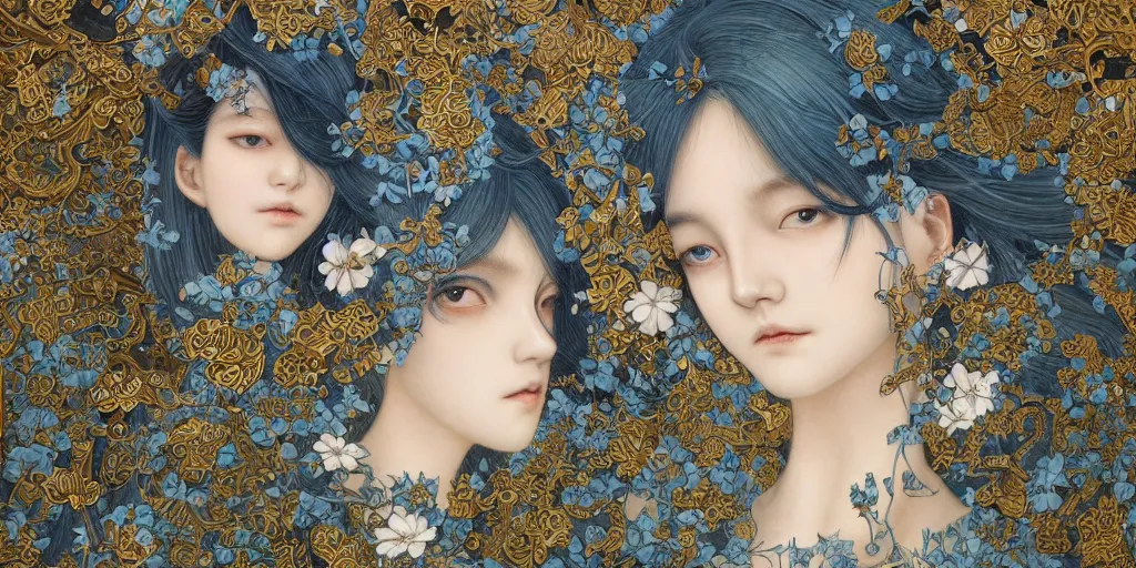 Image similar to breathtaking detailed concept art painting of the goddesses of nemophila flowers, orthodox saint, with anxious, piercing eyes, ornate background, amalgamation of leaves and flowers, by Hsiao-Ron Cheng, James jean, Miho Hirano, Hayao Miyazaki, extremely moody lighting, Black paper, cut paper texture, Full of light-blue and silver and white layers, 8K