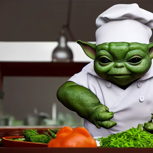 Image similar to curious mouth agape innocent tiny overweight chubby baby yoda as chef wearing white chefs hat and white apron, offering a plate of food, vegetables, photography, hyperrealism, unreal engine, octane 3 d render, houdini, unity 3 d, highres, adobe premier pro, trending on artstation, trending on deviantart