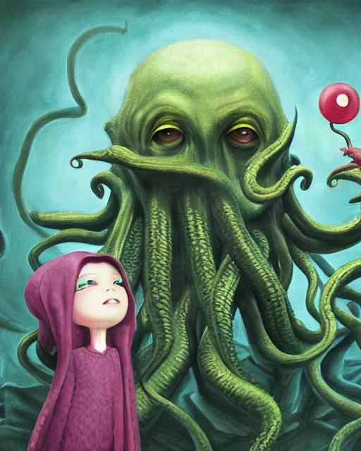 Image similar to cthulhu ， painting photoshop by mark ryden and pixar and hayao miyazaki, 8 k