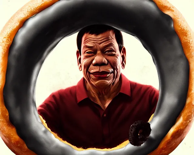 Prompt: rodrigo duterte face in a donut, detailed intricate illustration, dark atmosphere, detailed illustration, hd, 4 k, digital art, overdetailed art, by greg rutkowski, by loish, complementing colors, trending on artstation, deviantart