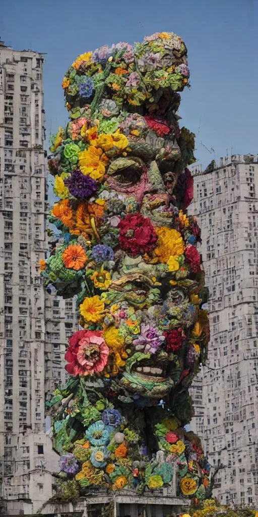 Image similar to colossal grotesque flower statue made from Lenin heads and colorful alien flowers in the middle of abandoned early soviet constructivist cityscape, Stalinist architecture, ultradetailed by Hayao Miyazaki and Josan Gonzalez and Makoto Shinkai and Giuseppe Arcimboldo and Wes Anderson