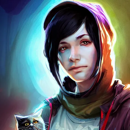 Image similar to a pale young girl with black hair, 1 8, in a hoodie, and a cat, apex legends character, digital illustration portrait design, by android jones and greg rutkowski, retrowave color scheme, detailed, cinematic lighting, wide angle action dynamic portrait