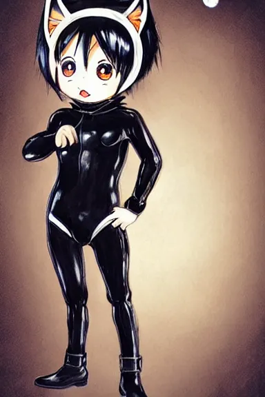 Prompt: attractive little boy in black latex suit with cape an cat ears, artwork made by hiroshiko araki