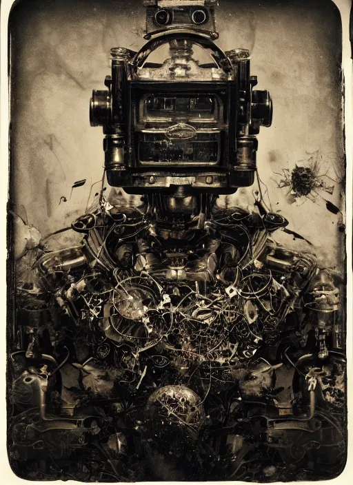 Image similar to old wetplate daguerreotype portrait of futuristic robot, explosion of data fragments, fractal, intricate, elegant, highly detailed, parallax, leica, medium format, subsurface scattering, by jheronimus bosch and greg rutkowski and louis jacques mande daguerre