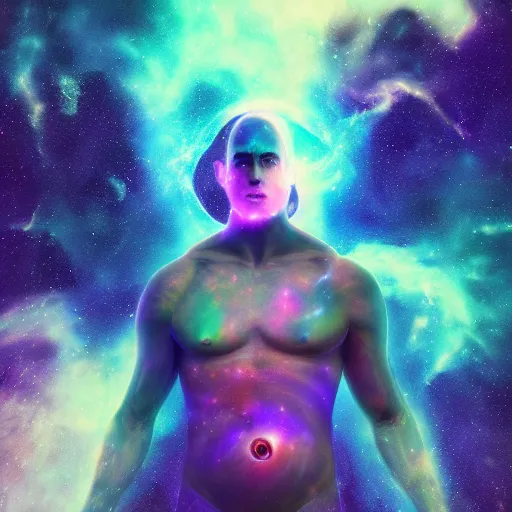 Image similar to photorealistic fantasy cosmic concept art of a cosmic god made out of nebulas and the cosmos hovering in a unknown galaxy, fully body portrait, cinematic, dynamic lighting, ultra detailed, creative, trending on art station, creative