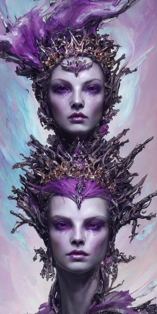 Image similar to female angel queen head wearing shiny pink crown, subtle purple accents, hyper details, black metal rococo, sculpted by Alex Alice, Craig Mullins, yoji shinkawa, trending on artstation, beautifully lit, Peter mohrbacher, hyper detailed, elite, elegant, luxury, ray of light through smoke, CGsociety, hypermaximalist, golden ratio, neofuture, volumetric, octane render, weta digital, micro details, 3d sculpture