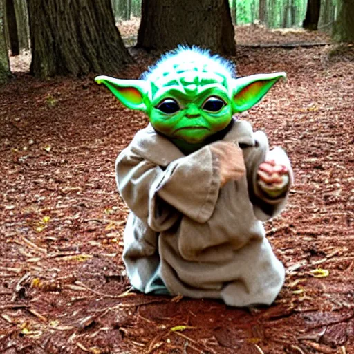 Prompt: baby yoda follows a trail of Reese's Pieces back to the forest.