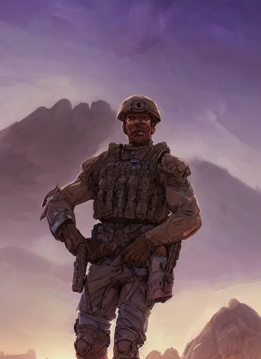 Image similar to purple lighting, detailed character concept illustration, strong muscular mature soldier in a soldier uniform, desert with city in the background, sharp focus, illustration, highly detailed, digital painting, concept art, matte, art by wlop and artgerm and greg rutkowski, masterpiece