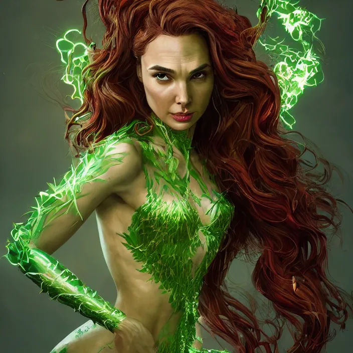 Image similar to portrait of Gal Gadot as a Poison Ivy. intricate artwork. by Tooth Wu, wlop, beeple, dan mumford. octane render, trending on artstation, greg rutkowski very coherent symmetrical artwork. cinematic, hyper realism, high detail, octane render, 8k