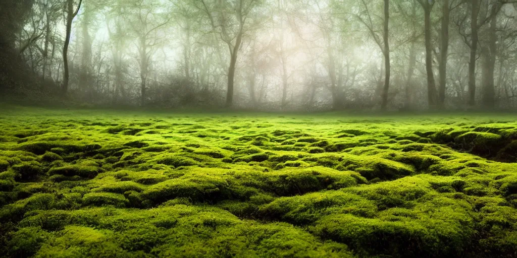 Prompt: gorgeous fields of moss landscape with glistening water in the background, landscape, beautiful, intricate details, highly detailed, sharp focus, concept art, digital painting, trending on artstation, still, screenshot, photo, photograph